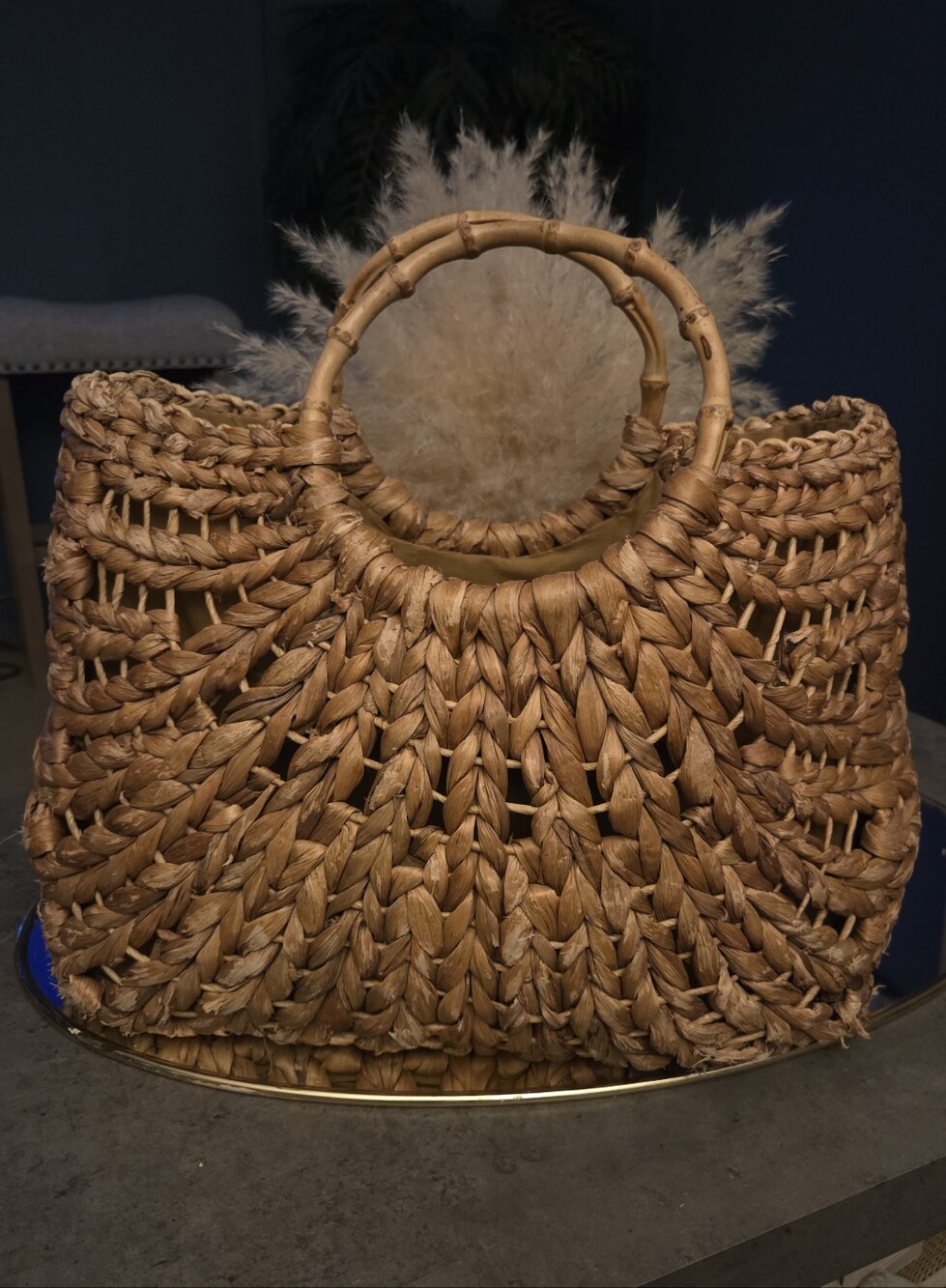 Limited Edition Woven Raffia Straw Tote Bamboo Handle Boho Beach Bag